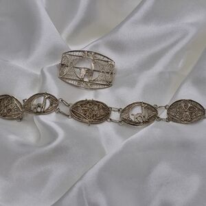 Antique Llama Detailed Filigree Bracelet and Brooch Set Sterling Silver Set
